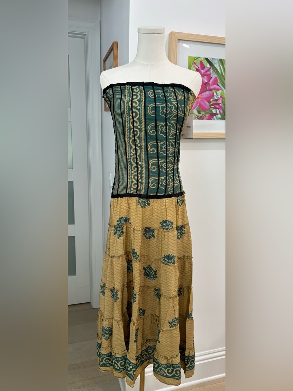 NWT Junglee Bille Tiered Maxi Dress in Green and Mustard